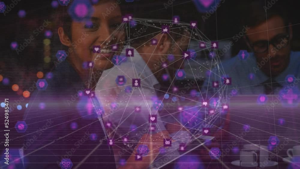 Poster animation of computer icons and lines forming globe over happy businesswoman using tablet in meeting
