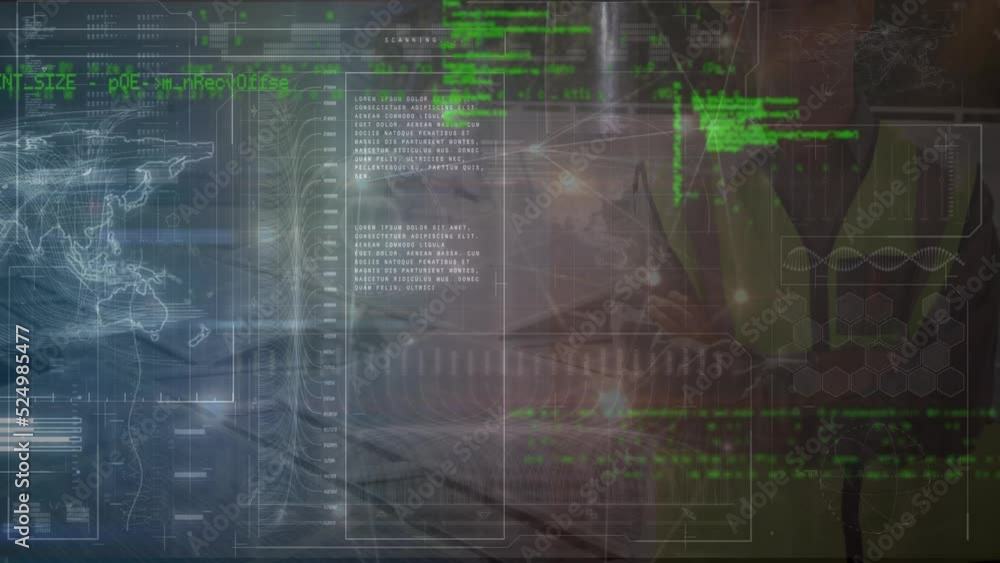 Poster animation of data processing over caucasian engineer working at solar power station