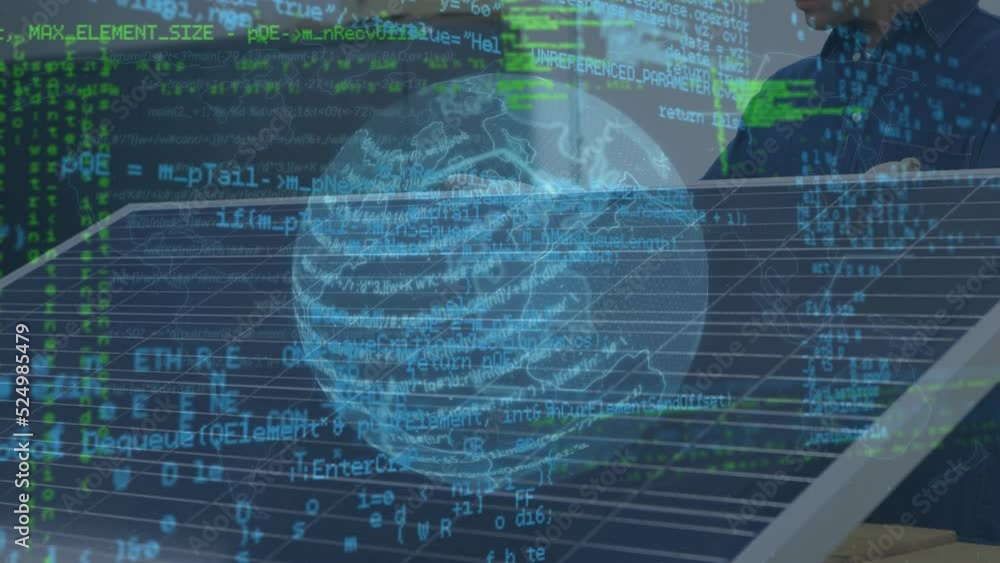 Poster animation of data processing with globe over caucasian engineer working at solar power station
