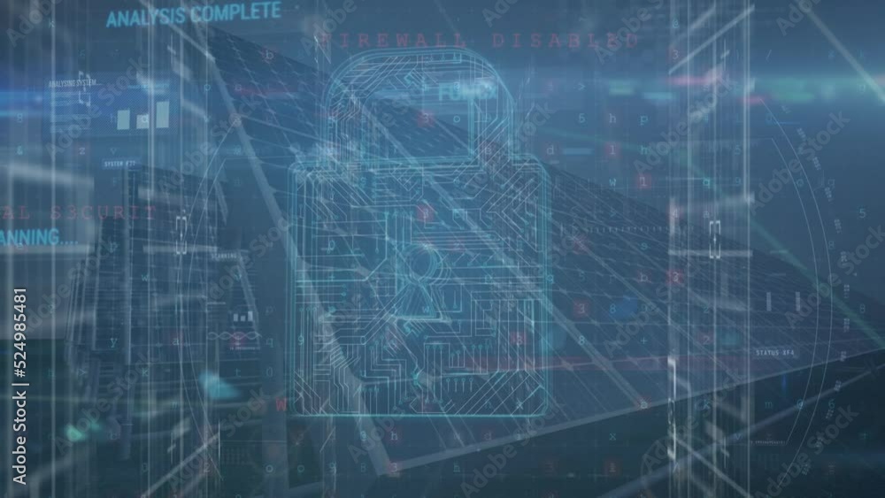 Poster animation of data processing, network connecting dots with lock icon against solar power station