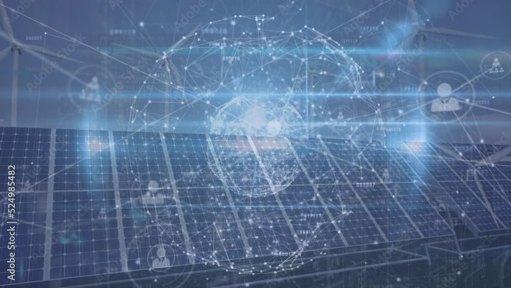 Poster animation of data processing, profile network connecting dots against solar power station