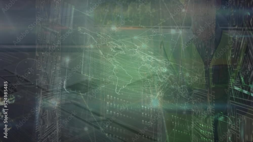 Poster animation of data processing, world map over caucasian engineer working at solar power station