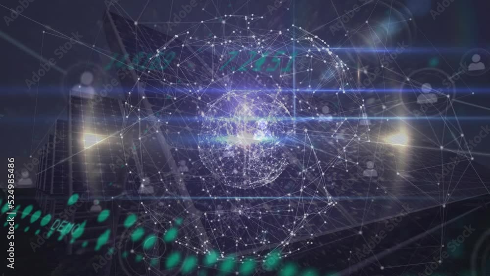 Poster animation of data processing, profile network connecting dots with globe over solar power station
