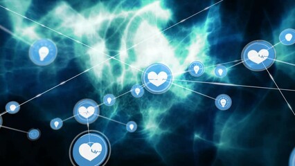 Animation of heart and bulb icons connecting with lines moving over illuminated abstract background - Powered by Adobe