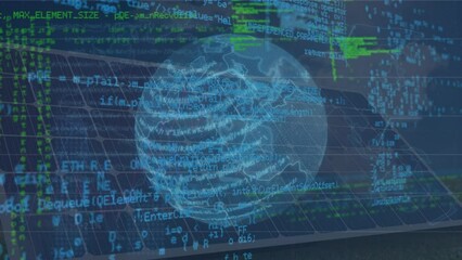 Animation of data processing with globe on digital interface against solar panel - Powered by Adobe