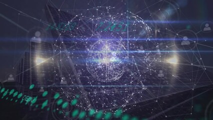 Animation of data processing, profile network connecting dots with globe over solar power station - Powered by Adobe