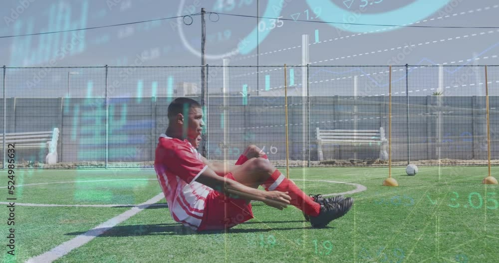 Aufkleber animation of multiple graphs moving over multiracial soccer players practicing crunches on field
