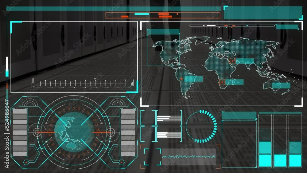 Sticker Animation of interface with data processing over low section of male engineer walking in server room