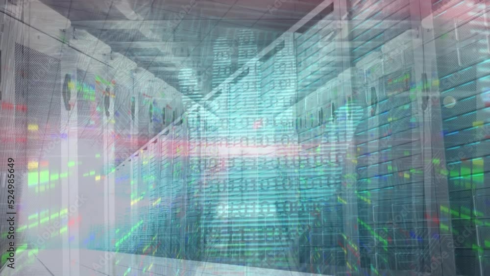 Poster animation of binary coding over human hand scanning over computer server room