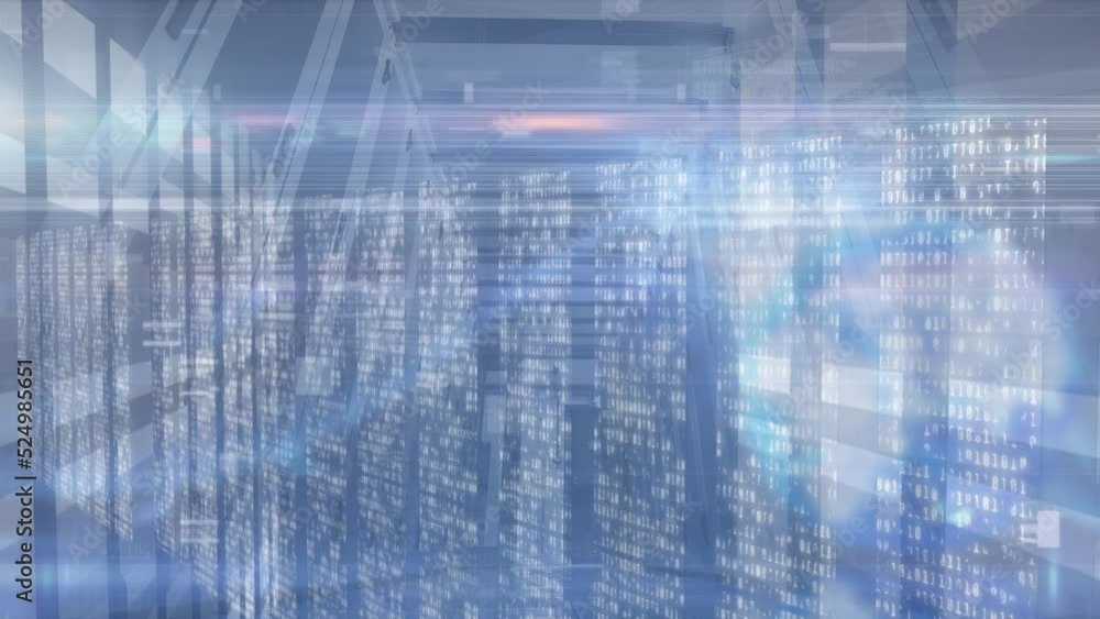 Poster animation of mosaic squares over empty computer server room