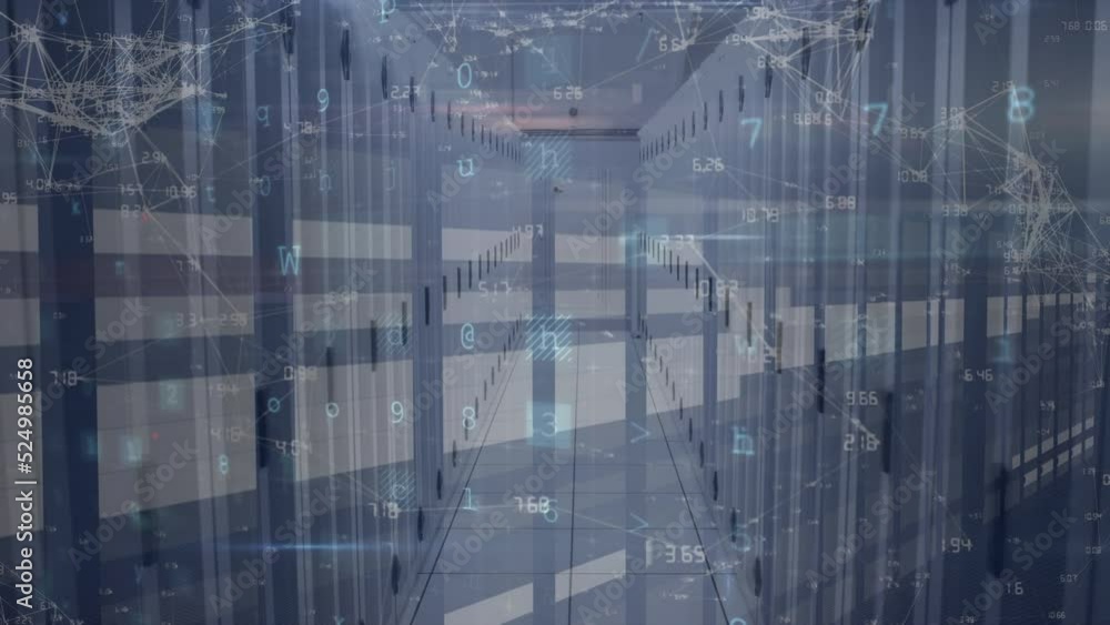 Poster animation of cyber security data processing and network of connections over computer server room
