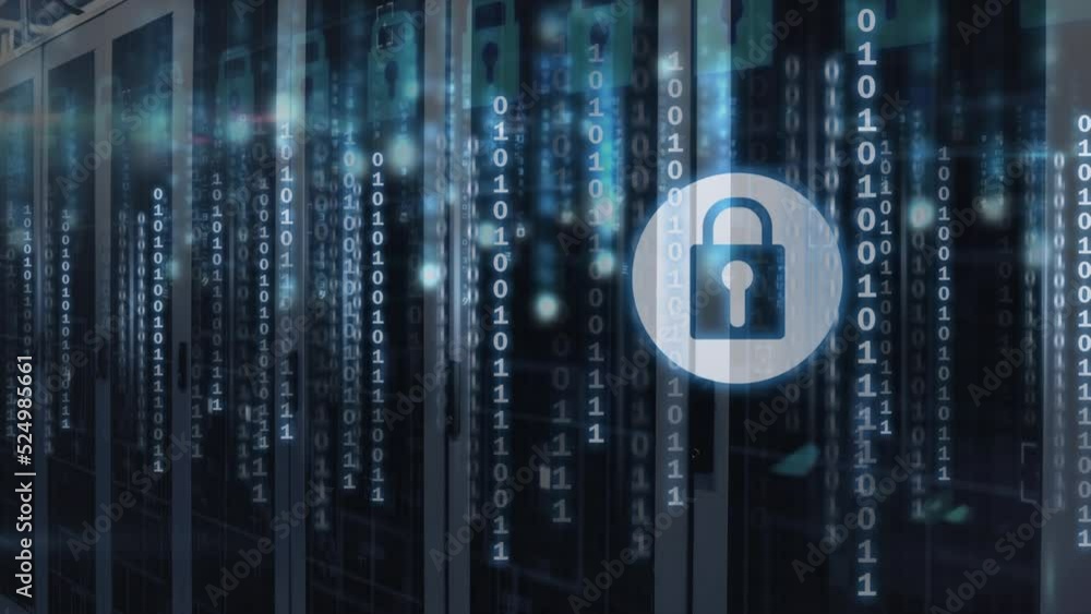 Poster animation of security padlock icon and binary coding data processing over computer server room