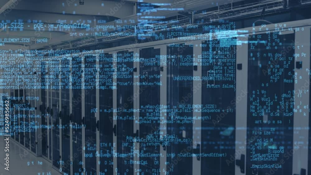 Poster animation of data processing against empty computer server room
