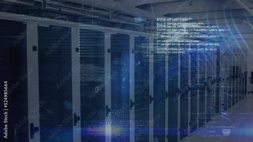 Poster animation of data processing and light spot against empty computer server room