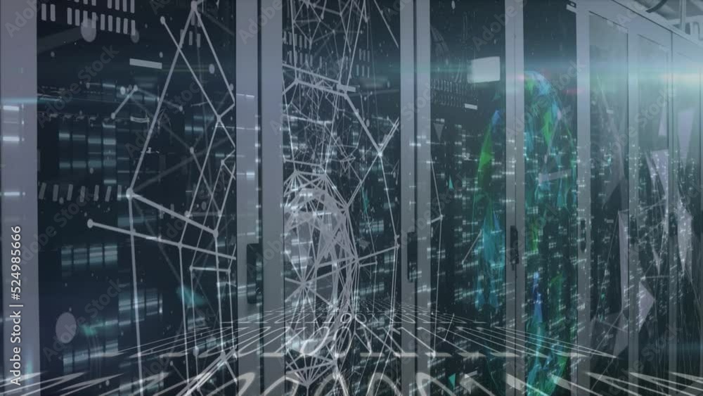Poster animation of binary coding and network of connections over computer server room