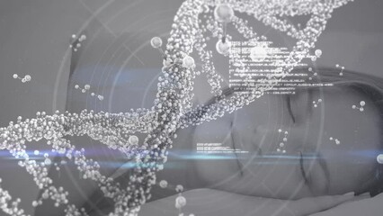 Animation of floating nucleotides and dna molecule over beautiful caucasian woman sleeping on bed - Powered by Adobe
