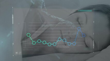 Animation of dna molecule and dots forming graph over beautiful caucasian woman sleeping at home - Powered by Adobe