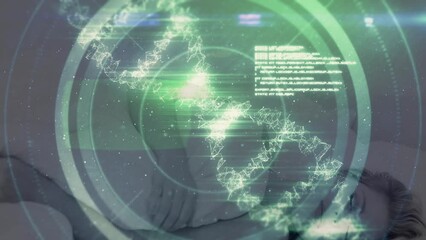 Animation of dna helix, circles and programming language over caucasian woman sleeping on bed - Powered by Adobe