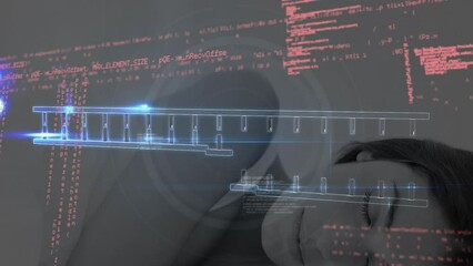 Animation of assembling of dna helix with programming language over sleeping caucasian woman - Powered by Adobe