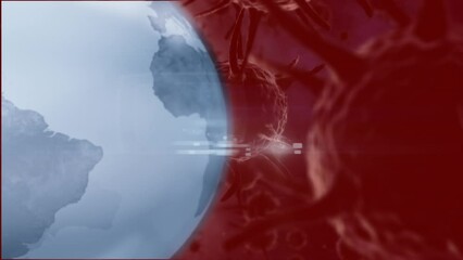 Animation of blue globe rotating over moving brown bacterium cells - Powered by Adobe