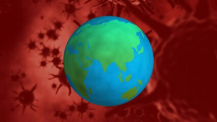 Animation of blue globe rotating over biological cells floating on brown background - Powered by Adobe