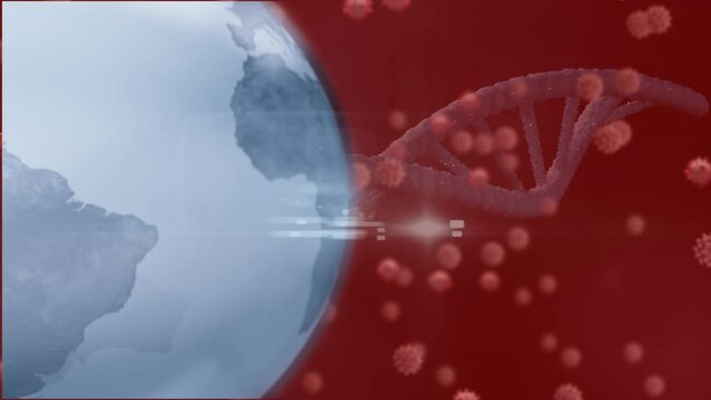Animation of earth and gna helix rotating amidst biological cells over brown background