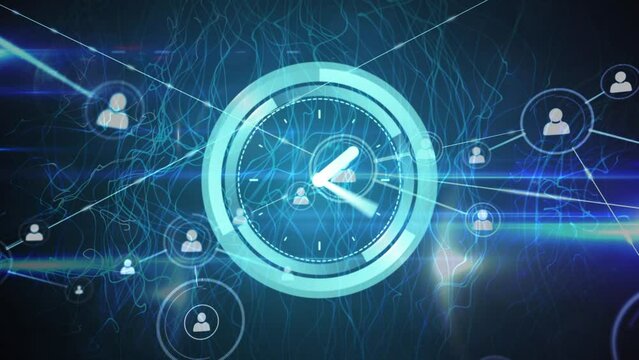 Animation of clock moving over network of connections with icons
