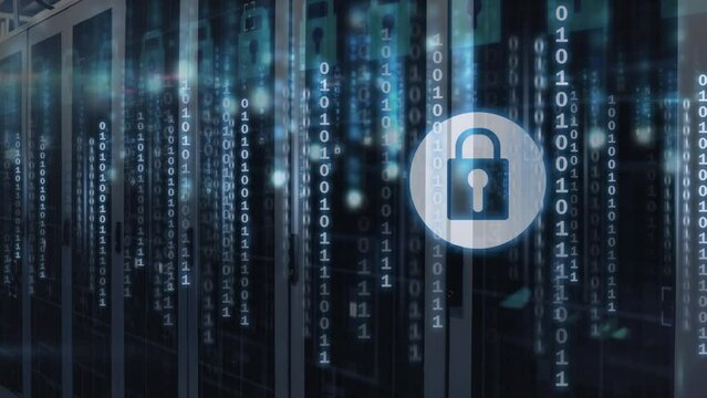 Animation of security padlock icon and binary coding data processing over computer server room