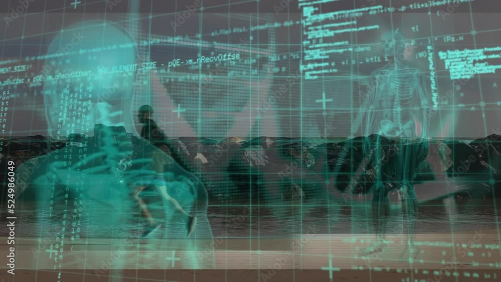 Aufkleber animation of data processing and dna strand with human model over caucasian man running