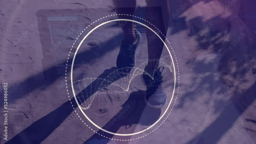 Poster animation of data processing and dna strand over caucasian man running