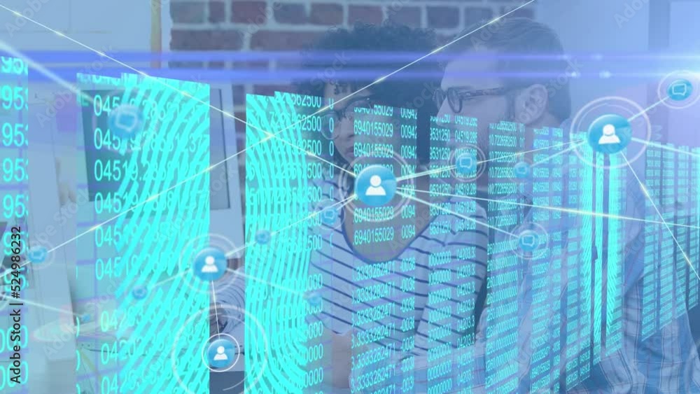 Poster animation of network of connections with icons and data procssing over diverse business people