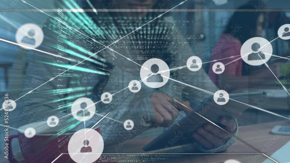 Poster animation of network of connections with icons and data procssing over diverse business people
