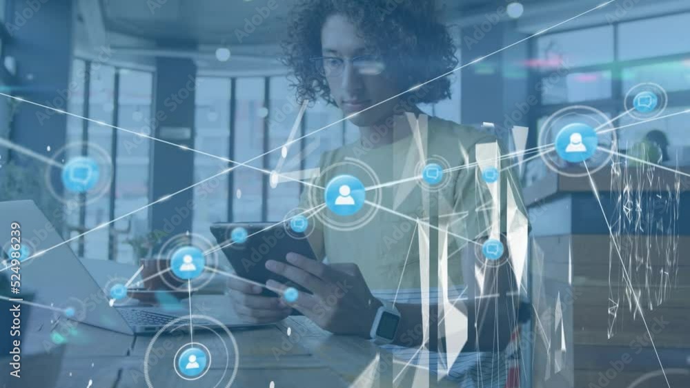 Poster animation of network of connections with icons over biracial man using tablet