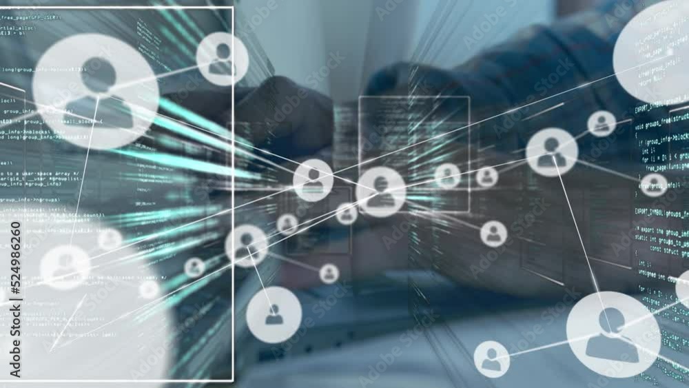Poster Animation of network of connections with icons and data procssing over biracial businessman