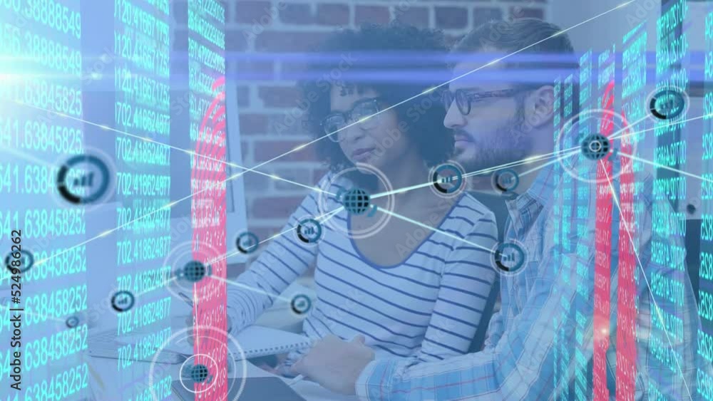 Poster animation of network of connections with icons and data procssing over diverse business people