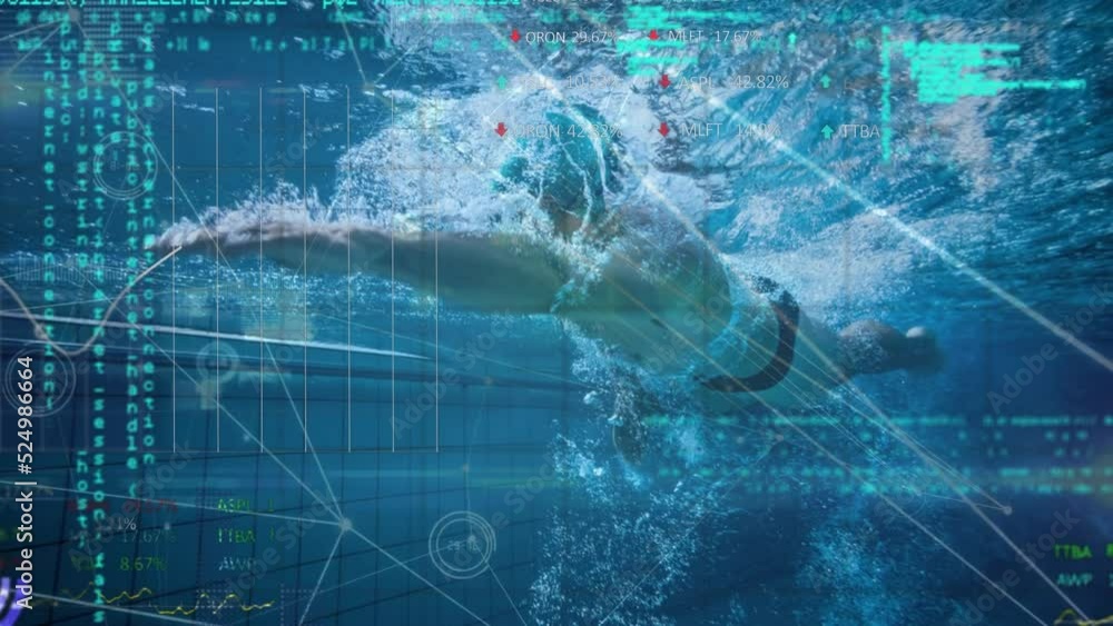 Poster animation of data processing and network of connections over caucasian man swimming