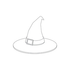 Black and white illustration of a witch hat on a white background. Vector illustration. Design element for poster, banner, icon, sticker, symbol, print. Halloween symbolism. Line drawing.