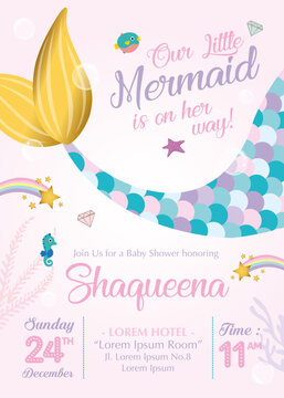 Baby Shower invitation with mermaid and friends