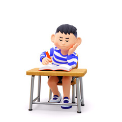 어려운 문제를 풀며 찡그린 표정의 귀여운 아시아 남자 어린아이 3d 캐릭터 렌더링 일러스트