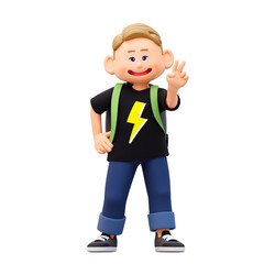 학교에 등교 하면서 브이를 하는 백인 남자 아이 3d 캐릭터 렌더링 일러스트