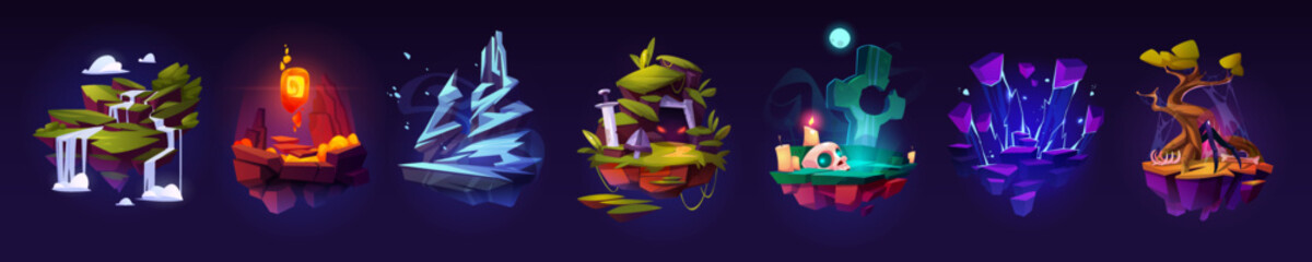 Floating islands set, flying game platforms rock with ice, lava, waterfall, cemetery, tree with bones, sword in stone fantasy landscape, arcade level 2d design elements. Cartoon ui nature locations © klyaksun