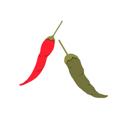 Hot chili peppers icons isolated on white background. Hand drawn red and green spicy paprika. Color flat vector illustration