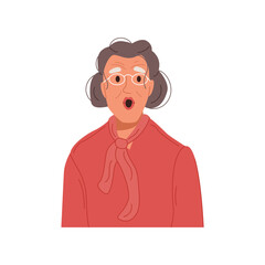 Portrait of surprised elderly woman. Shocked mature lady with open mouth. Gossip, rumors and secrets concept. Grandmother expressing wonder. Color flat vector illustration isolated on white background