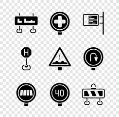 Set Road traffic sign, Hospital road, ublic transport board, Pedestrian crosswalk, Speed limit, barrier, and Uneven ahead icon. Vector