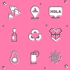 Set Nachos, Mexican sombrero, Hola, Tabasco sauce, Beans, Poncho, Avocado fruit and Tequila glass with lemon icon. Vector © vector_v