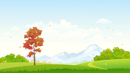 Vector cartoon illustration of an autumn forest, mountains and sky background