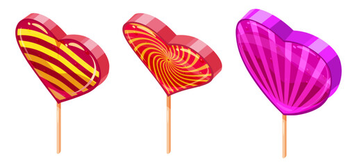 Set of Candy Sugar Heart Lollypops Isometric. Sweet food icon cartoon style