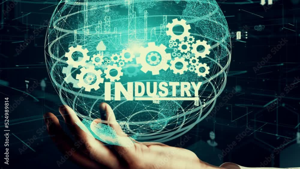 Poster futuristic industry 4.0 and inventive mechanized engineering concept with graphic user interface sho