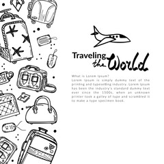 Banner with luggage elements on white background. Travelling by airplane. Tourism. Large suitcases, hand luggage, valise and small bags. There is an indent for text. Hand drawn sketch style doodle.
