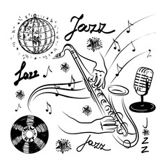 A set of musical elements for a jazz image. Inspirational saxophone playing, hand-drawn doodle. Flying notes. Music. Microphone, disk ball and vinyl record. Inspiration. Isolated vector illustration.